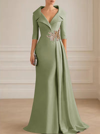 A-Line Satin V-Neck 3/4 Sleeve Mother of the Bride Dresses Floor-Length Ball Gown with Applique