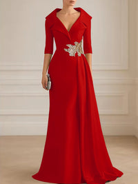 A-Line Satin V-Neck 3/4 Sleeve Mother of the Bride Dresses Floor-Length Ball Gown with Applique
