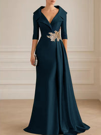 A-Line Satin V-Neck 3/4 Sleeve Mother of the Bride Dresses Floor-Length Ball Gown with Applique