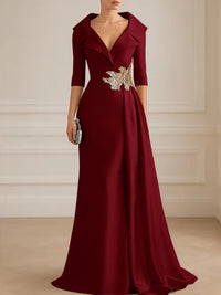 A-Line Satin V-Neck 3/4 Sleeve Mother of the Bride Dresses Floor-Length Ball Gown with Applique