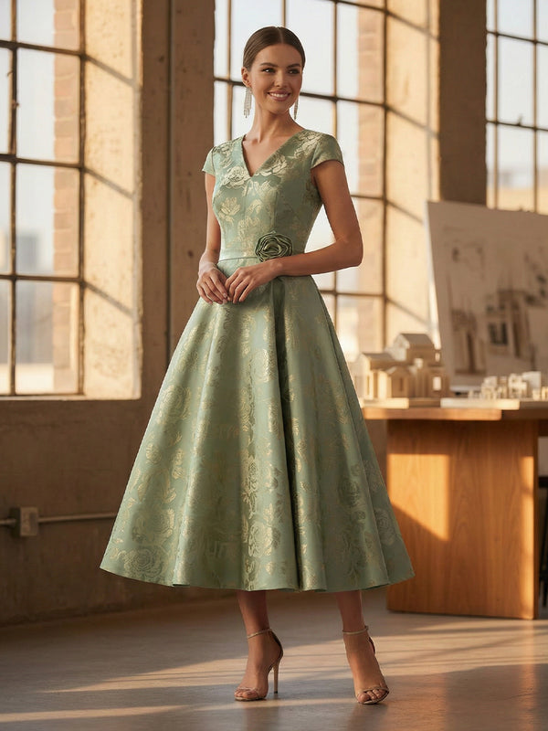 Elegant A-Line Jacquard V-Neck Cap Sleeve Mother of the Bride Dresses Tea-Length with Flower