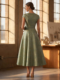 Elegant A-Line Jacquard V-Neck Cap Sleeve Mother of the Bride Dresses Tea-Length with Flower