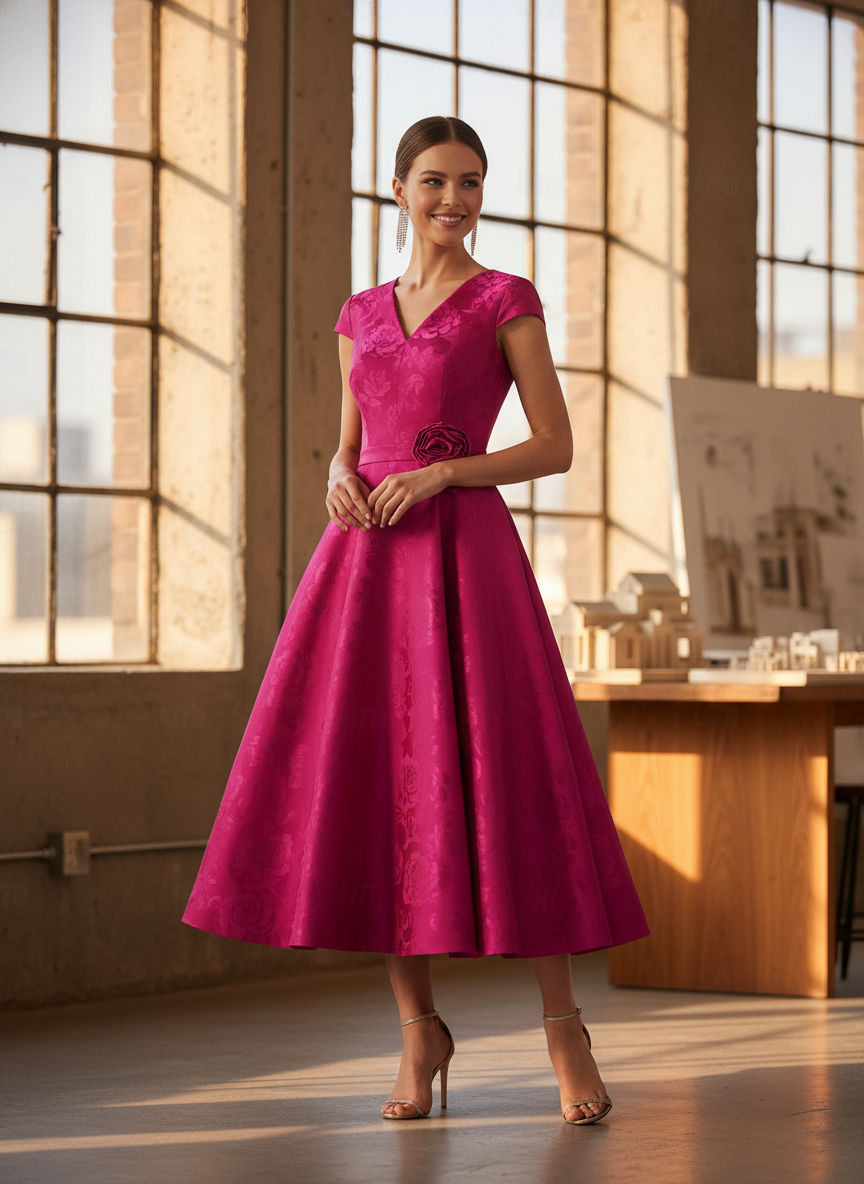 Elegant A-Line Jacquard V-Neck Cap Sleeve Mother of the Bride Dresses Tea-Length with Flower