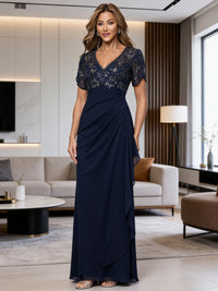 A-Line Chiffon V-Neck Short Sleeve Mother of the Bride Dresses Floor-Length with Sequin Appliques