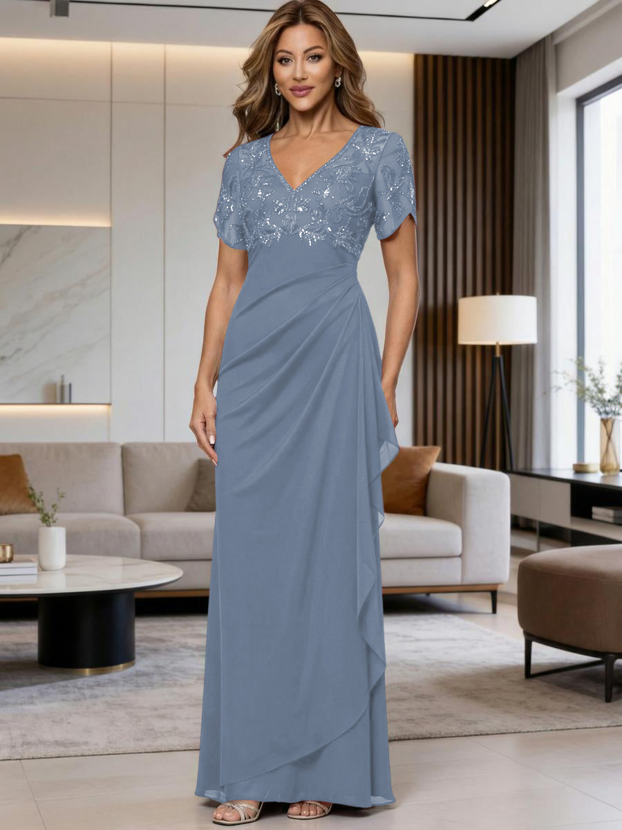 a-line v-neck asymmetrical chiffon mother of the bride dress Mother of The Bride Dresses Navy 2026 Women's A-Line/Princess Chiffon V-Neck Short Sleeves Wedding Party Formal Evening Gowns with Belt, Dark Navy