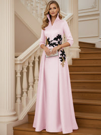 A Line 3/4 Sleeve Stand Collar with V-Neck Floor Length Mother of the Bride Dresses
