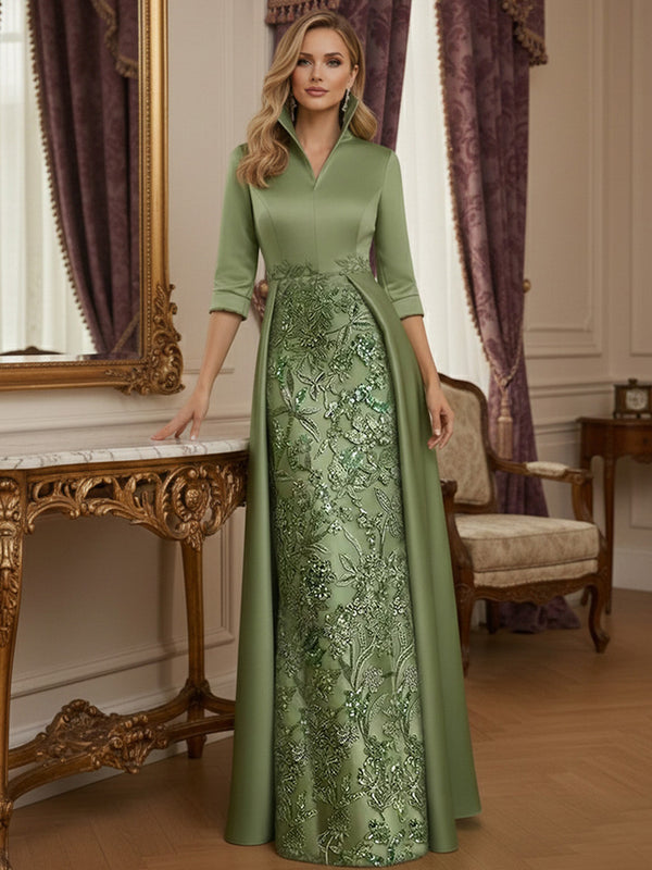 Sheath Stand Collar V Neck 3/4 Sleeve Lace Appliques Mother of the Bride Dresses with Train