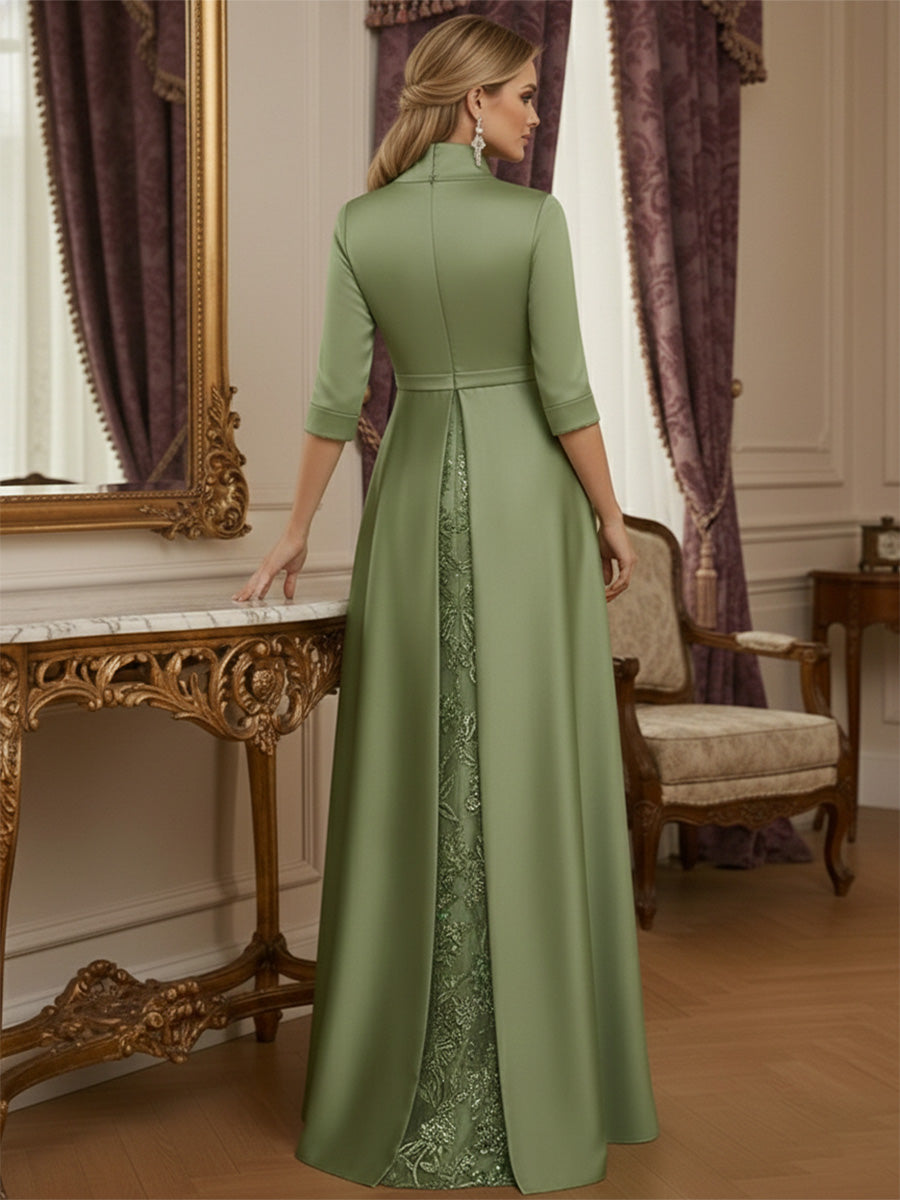 Sheath Stand Collar V Neck 3/4 Sleeve Lace Appliques Mother of the Bride Dresses with Train