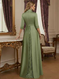 Sheath Stand Collar V Neck 3/4 Sleeve Lace Appliques Mother of the Bride Dresses with Train