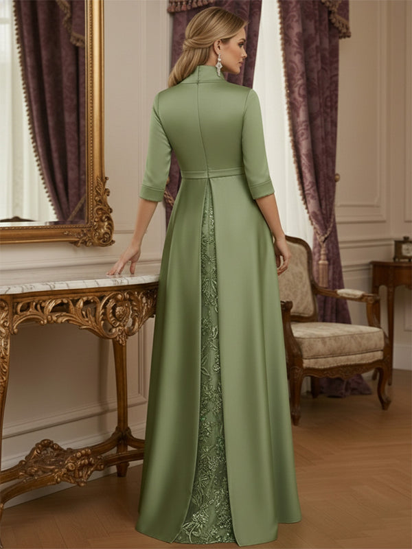 Sheath Stand Collar V Neck 3/4 Sleeve Lace Appliques Mother of the Bride Dresses with Train