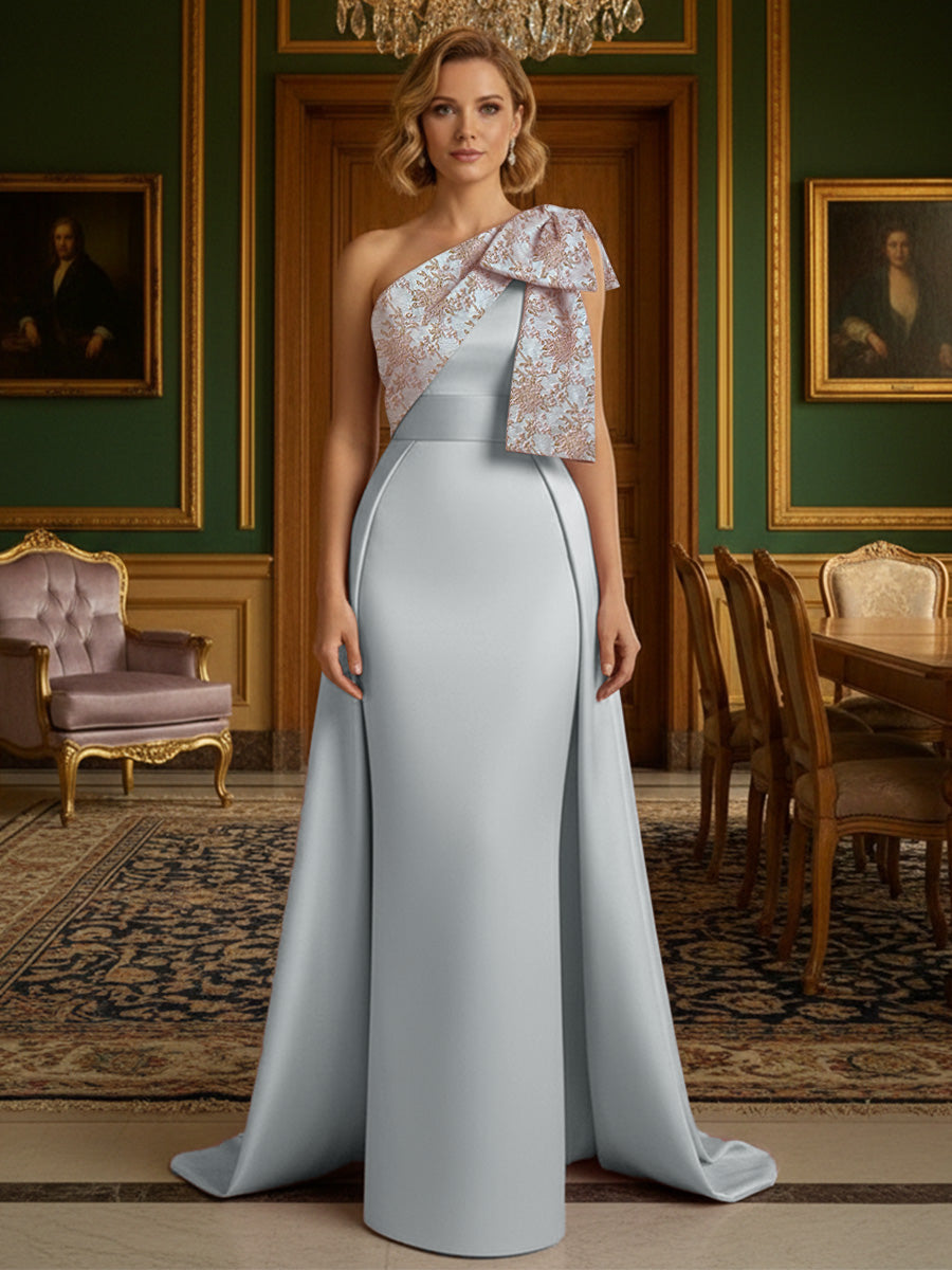 Sheath Satin One Shoulder Floor Length Mother of the Bride Dresses with Train