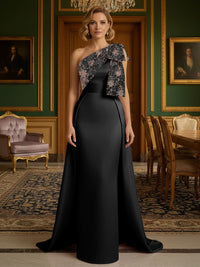 Sheath Satin One Shoulder Floor Length Mother of the Bride Dresses with Train
