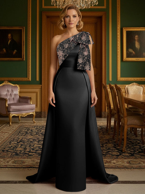Sheath Satin One Shoulder Floor Length Mother of the Bride Dresses with Train