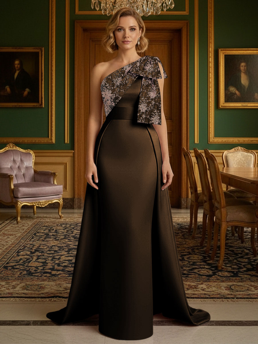 Sheath Satin One Shoulder Floor Length Mother of the Bride Dresses with Train