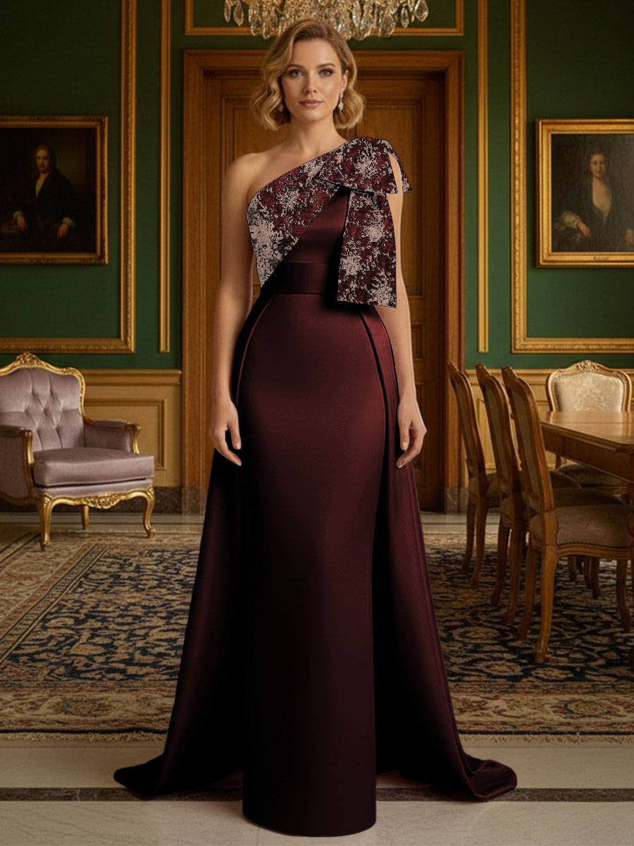 Sheath Satin One Shoulder Floor Length Mother of the Bride Dresses with Train