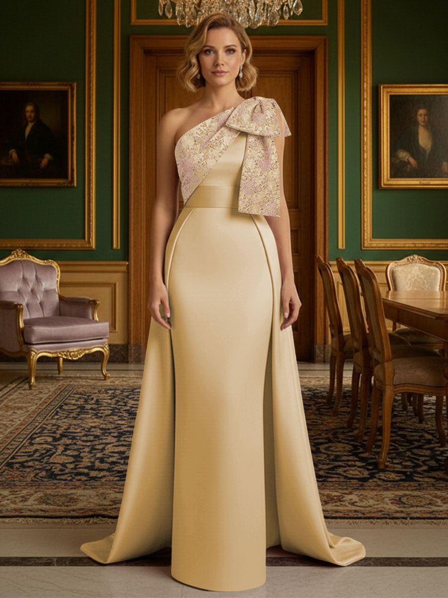 Sheath Satin One Shoulder Floor Length Mother of the Bride Dresses with Train