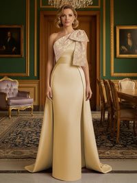 Sheath Satin One Shoulder Floor Length Mother of the Bride Dresses with Train