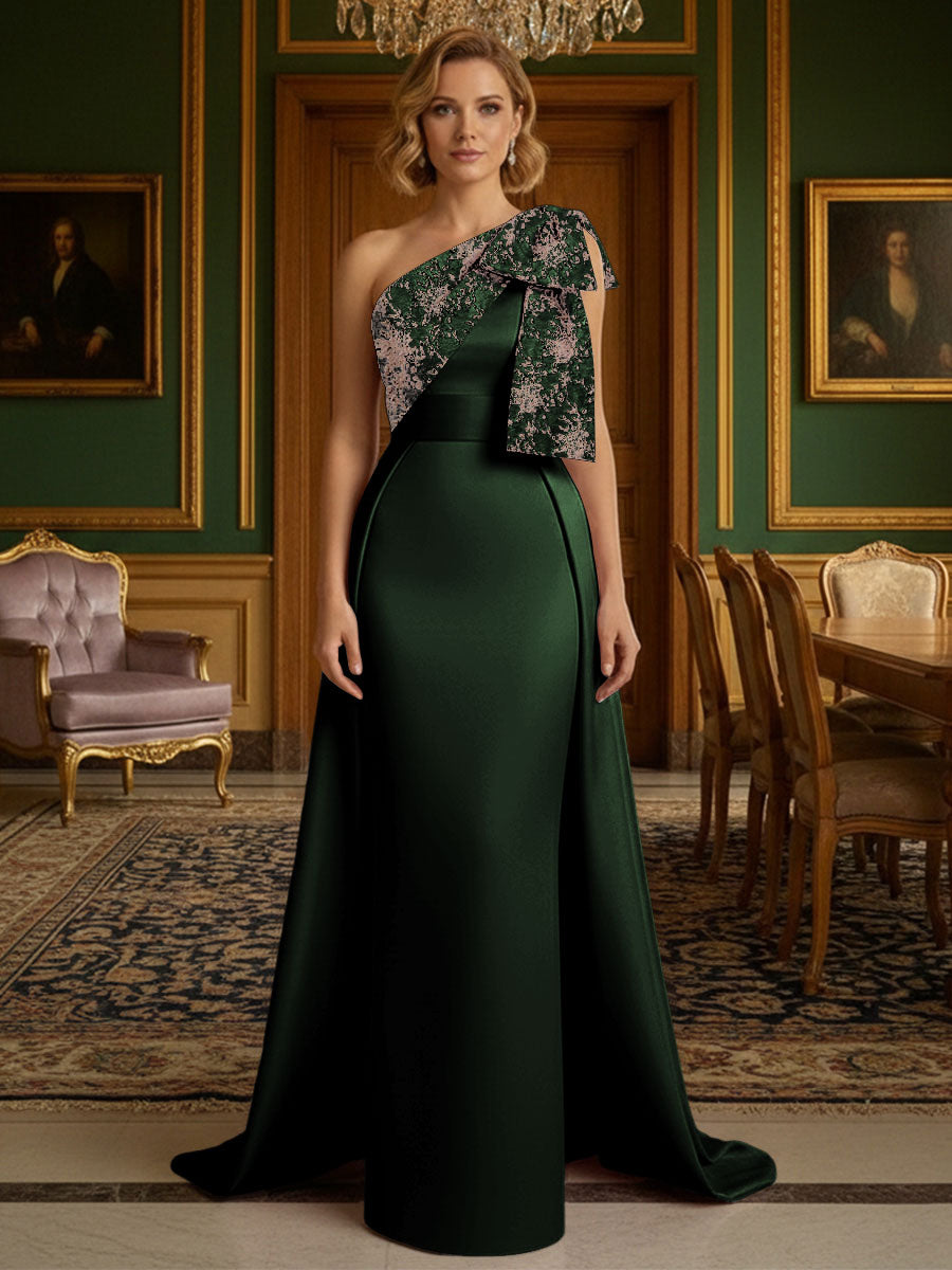 Sheath Satin One Shoulder Floor Length Mother of the Bride Dresses with Train