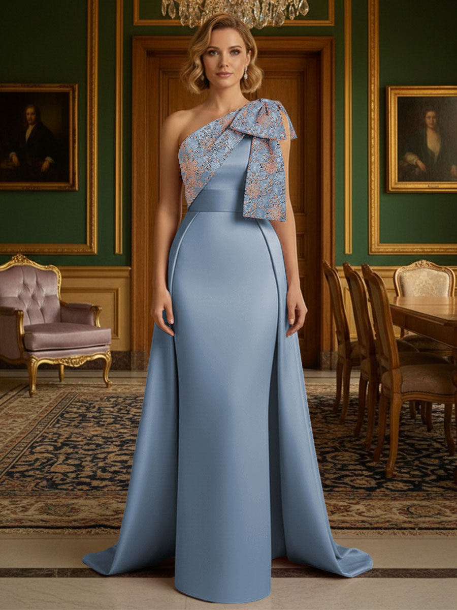 Sheath Satin One Shoulder Floor Length Mother of the Bride Dresses with Train
