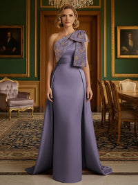 Sheath Satin One Shoulder Floor Length Mother of the Bride Dresses with Train