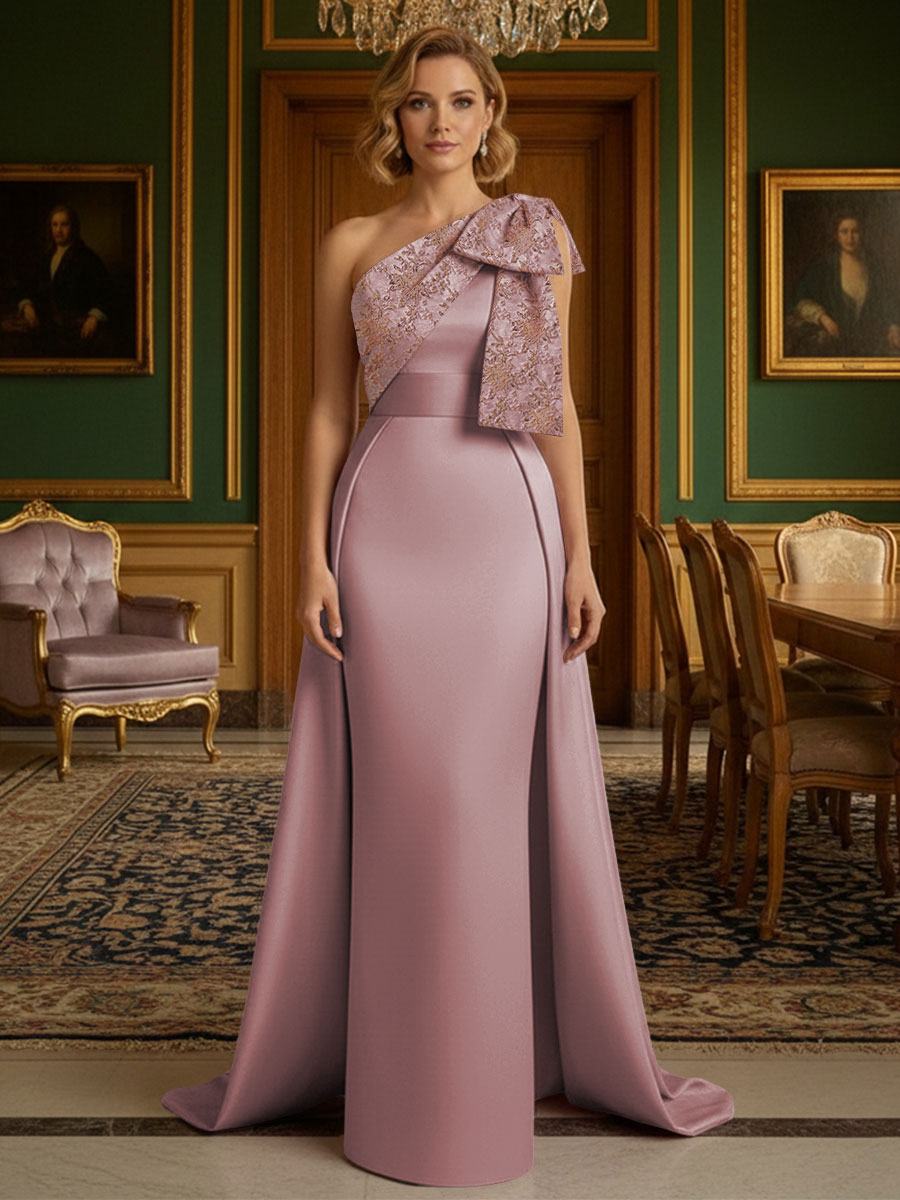 Sheath Satin One Shoulder Floor Length Mother of the Bride Dresses with Train