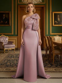 Sheath Satin One Shoulder Floor Length Mother of the Bride Dresses with Train