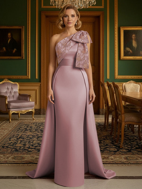 Sheath Satin One Shoulder Floor Length Mother of the Bride Dresses with Train