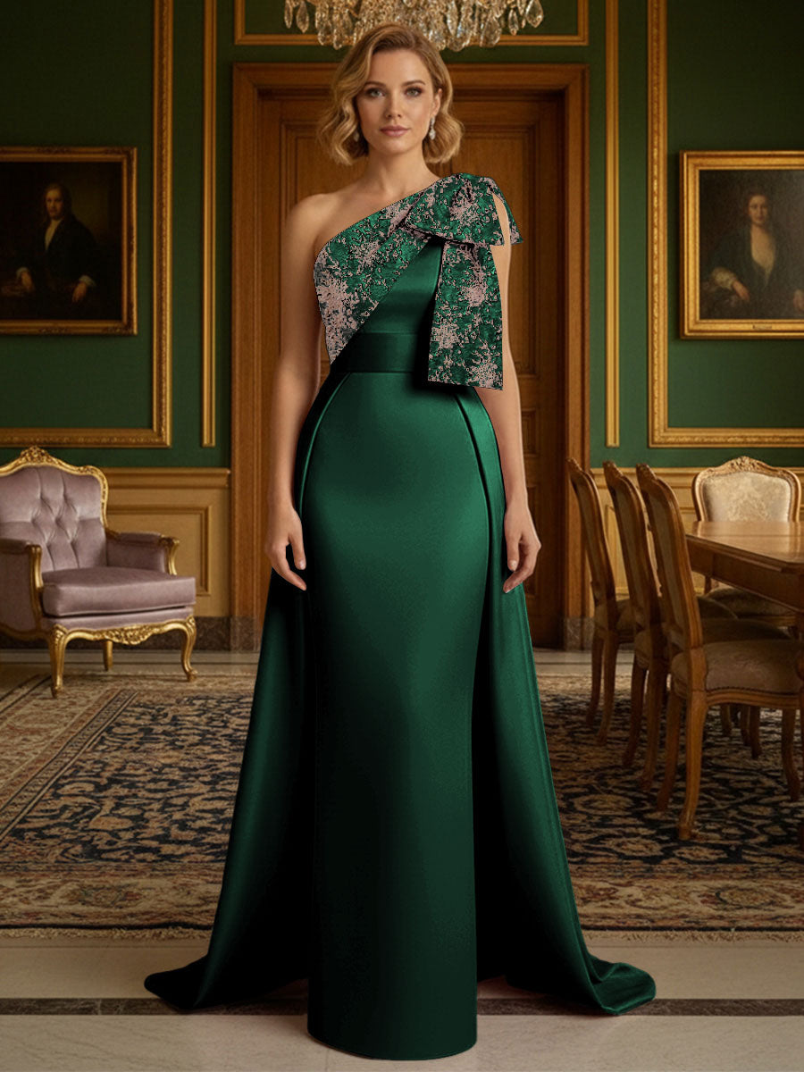 Sheath Satin One Shoulder Floor Length Mother of the Bride Dresses with Train