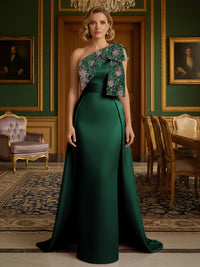 Sheath Satin One Shoulder Floor Length Mother of the Bride Dresses with Train