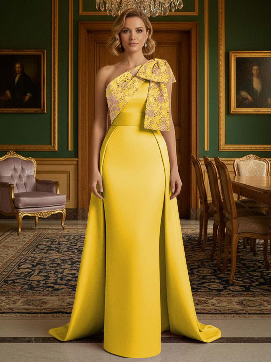 Sheath Satin One Shoulder Floor Length Mother of the Bride Dresses with Train
