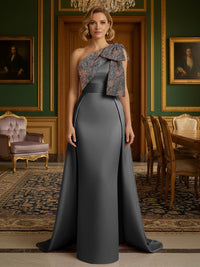 Sheath Satin One Shoulder Floor Length Mother of the Bride Dresses with Train