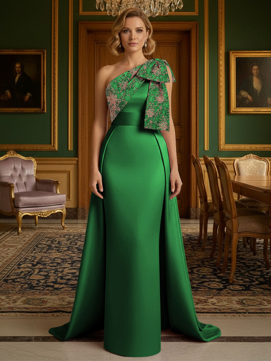 Sheath Satin One Shoulder Floor Length Mother of the Bride Dresses with Train