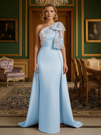 Sheath Satin One Shoulder Floor Length Mother of the Bride Dresses with Train