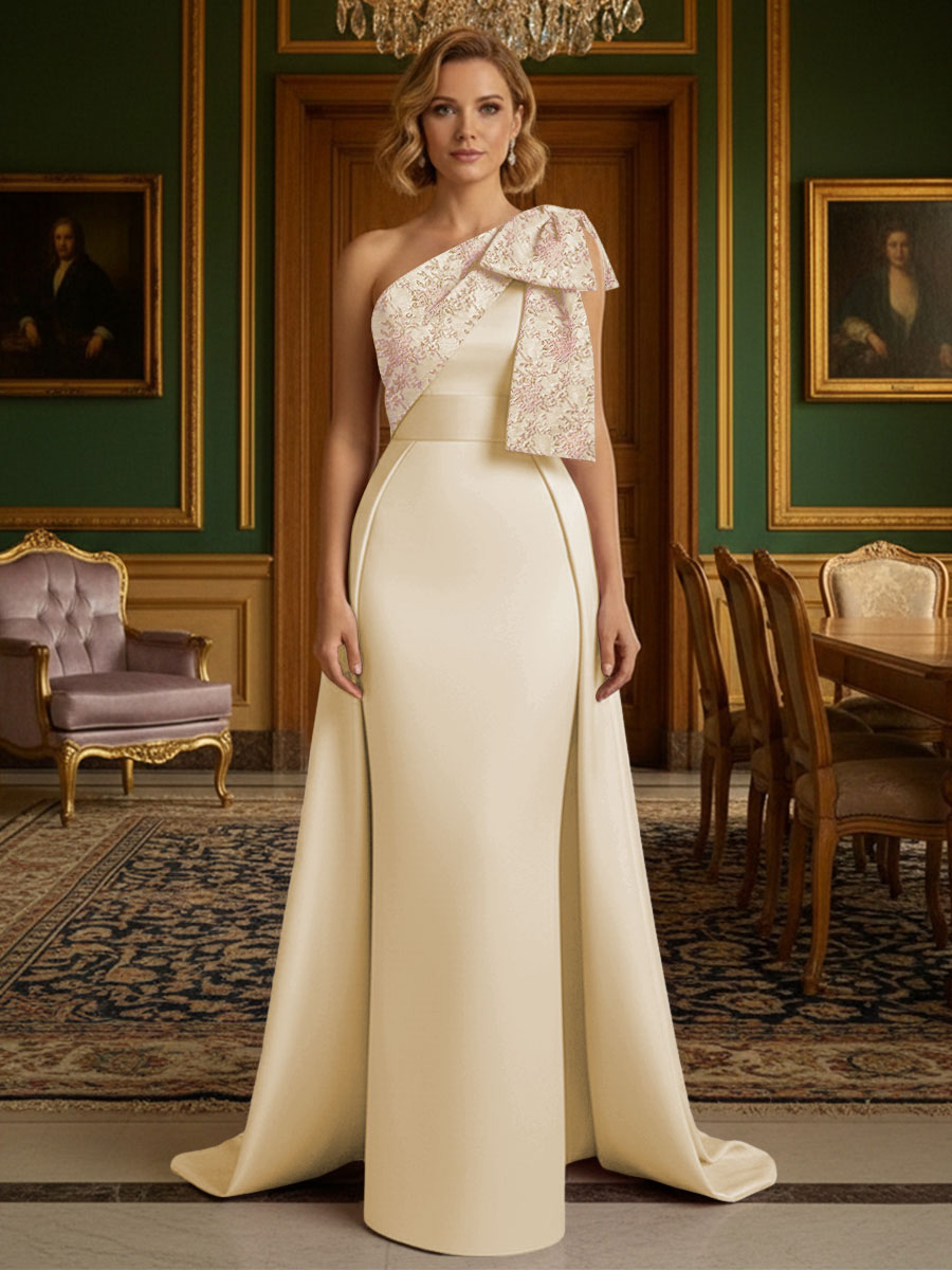 Sheath Satin One Shoulder Floor Length Mother of the Bride Dresses with Train