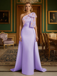 Sheath Satin One Shoulder Floor Length Mother of the Bride Dresses with Train