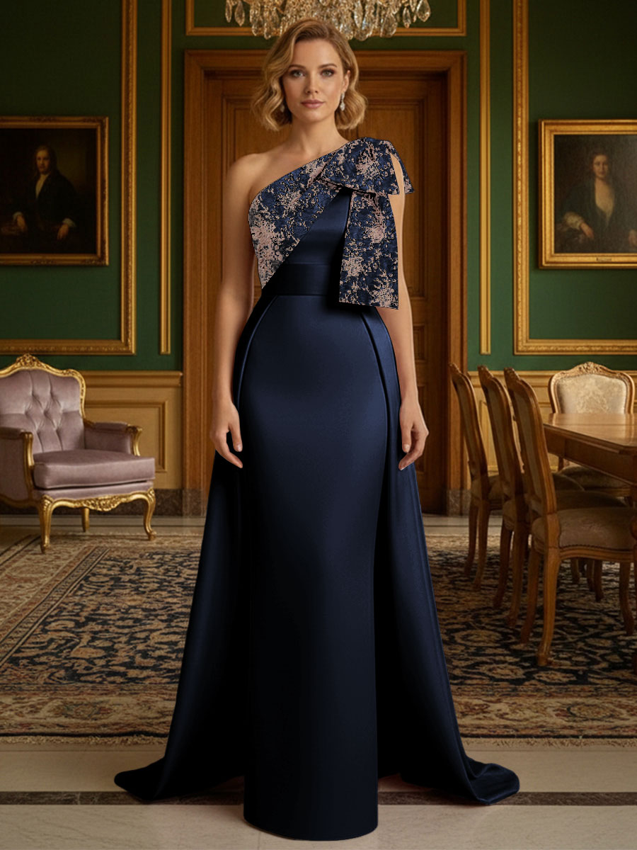 Sheath Satin One Shoulder Floor Length Mother of the Bride Dresses with Train