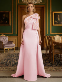 Sheath Satin One Shoulder Floor Length Mother of the Bride Dresses with Train