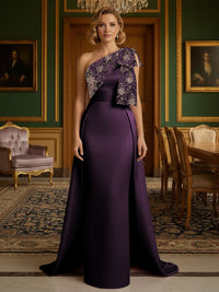 Sheath Satin One Shoulder Floor Length Mother of the Bride Dresses with Train