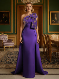 Sheath Satin One Shoulder Floor Length Mother of the Bride Dresses with Train