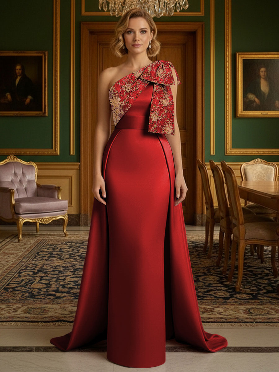 Sheath Satin One Shoulder Floor Length Mother of the Bride Dresses with Train