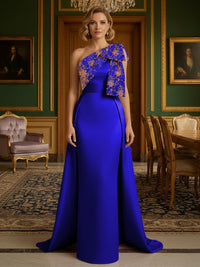 Sheath Satin One Shoulder Floor Length Mother of the Bride Dresses with Train