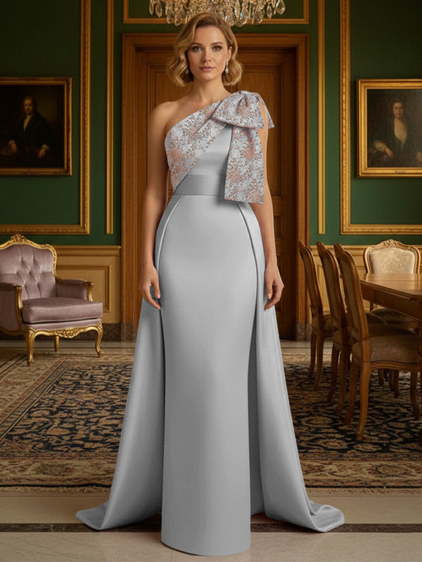 Sheath Satin One Shoulder Floor Length Mother of the Bride Dresses with Train