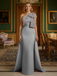 Sheath Satin One Shoulder Floor Length Mother of the Bride Dresses with Train