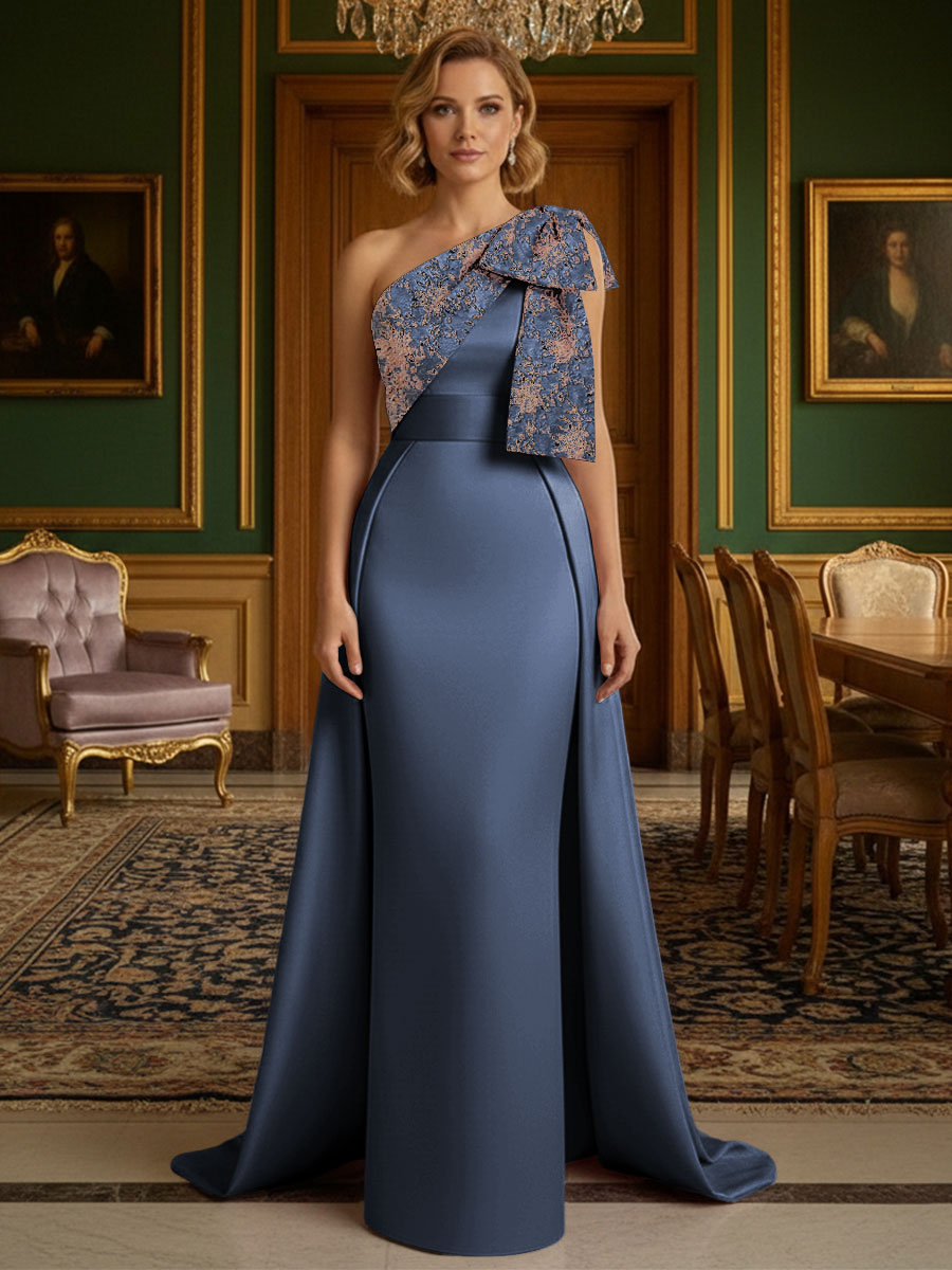 Sheath Satin One Shoulder Floor Length Mother of the Bride Dresses with Train