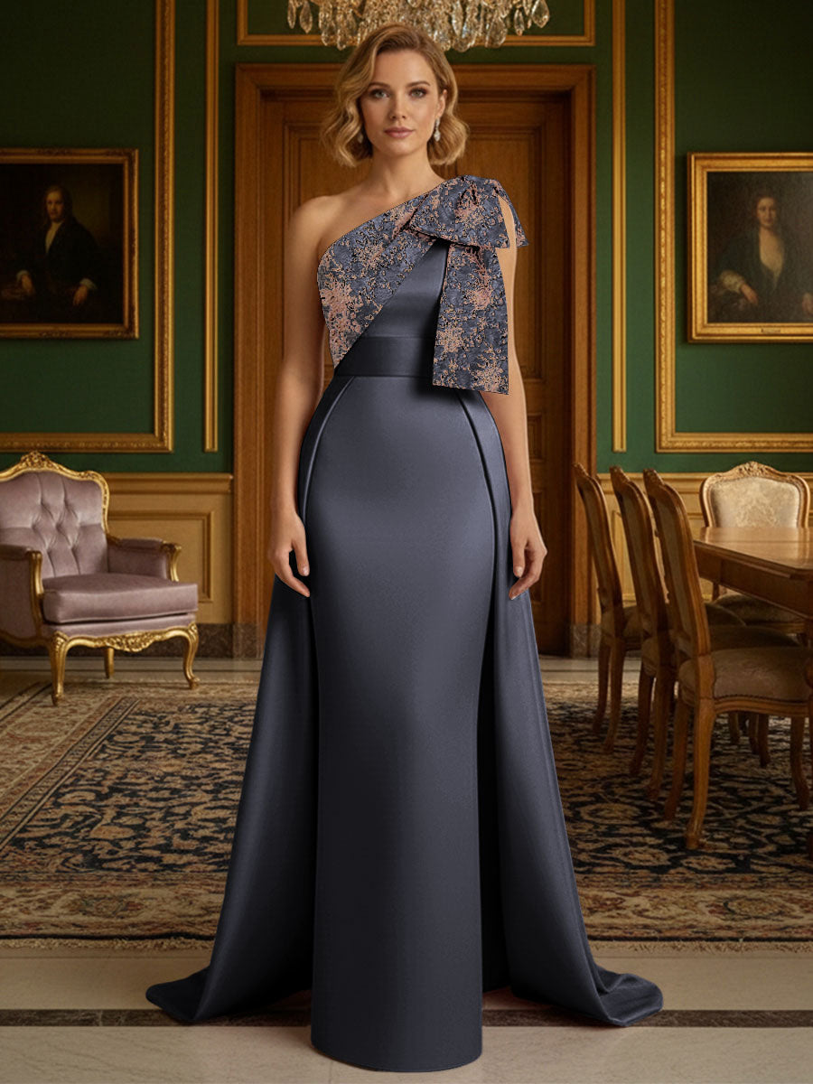 Sheath Satin One Shoulder Floor Length Mother of the Bride Dresses with Train