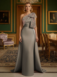 Sheath Satin One Shoulder Floor Length Mother of the Bride Dresses with Train
