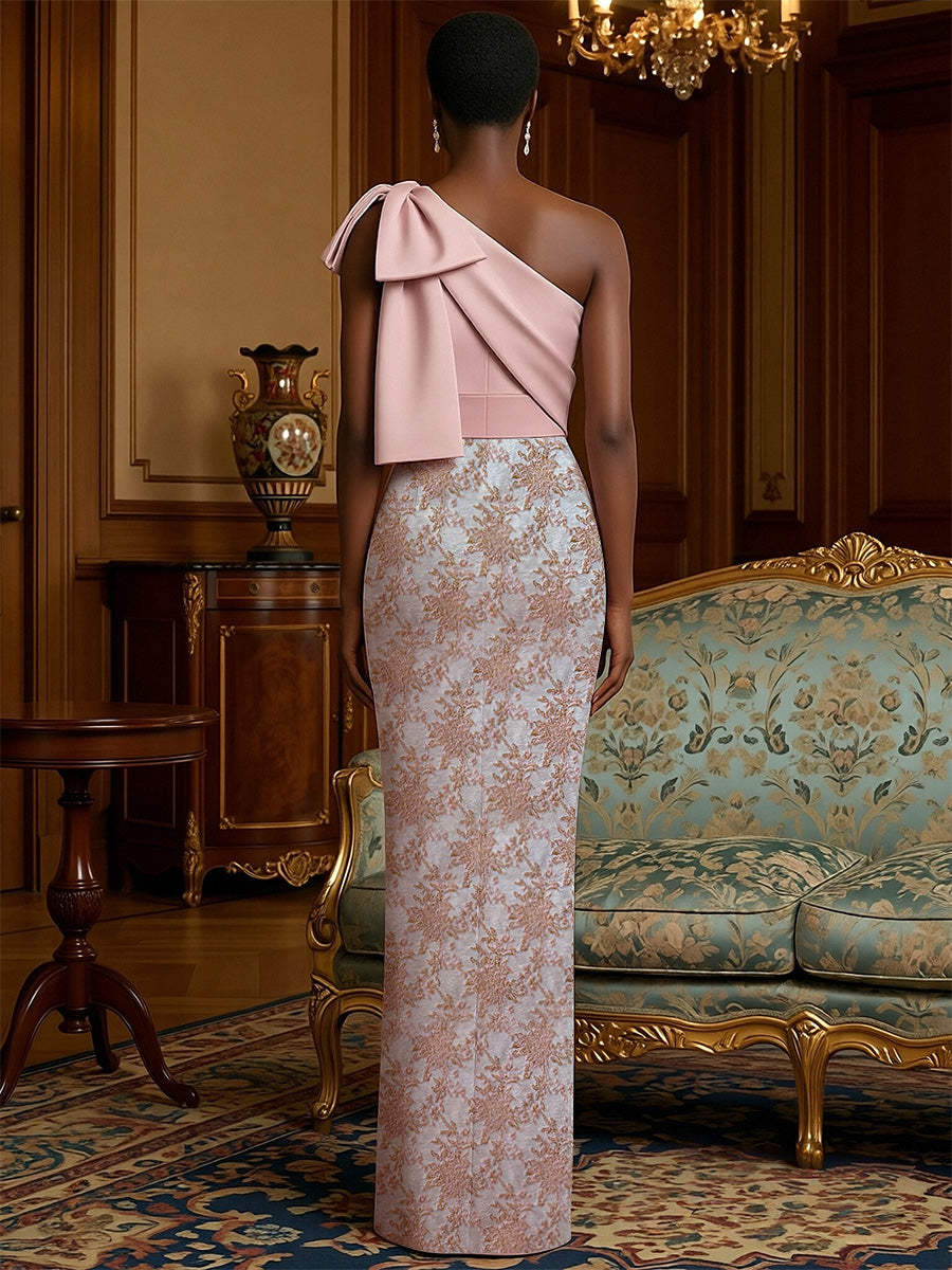 Sheath Satin One Shoulder Floor Length Mother of the Bride Dresses with Jacquard