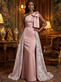Sheath Satin One Shoulder Floor Length Mother of the Bride Dresses with Jacquard Train