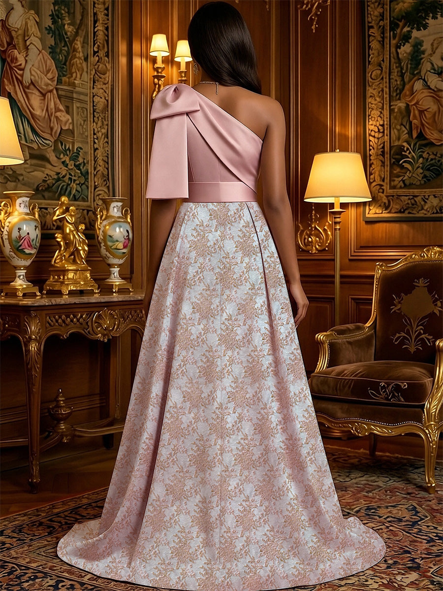 Sheath Satin One Shoulder Floor Length Mother of the Bride Dresses with Jacquard Train