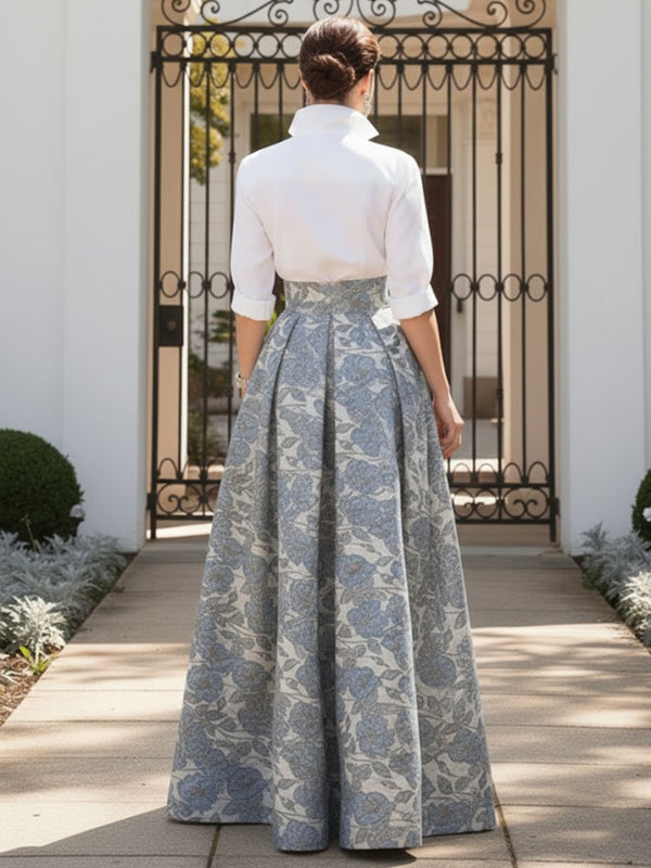 A Line V-Neck Stand Collar Half Sleeve Long Mother of the Bride Dresses with Jacquard